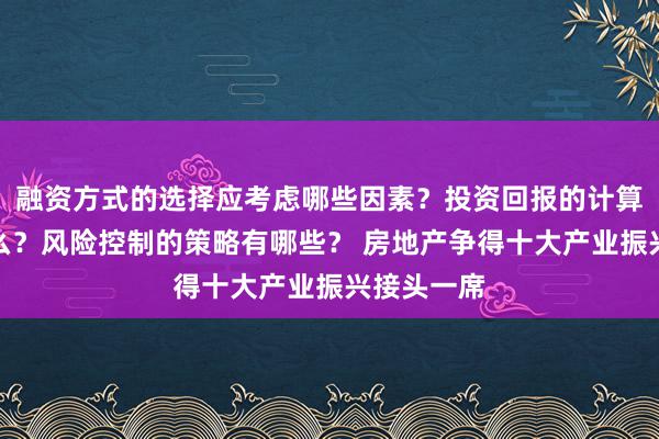 融资方式的选择应考虑哪些因素？投资回报的计算方法是什么？风险控制的策略有哪些？ 房地产争得十大产业振兴接头一席