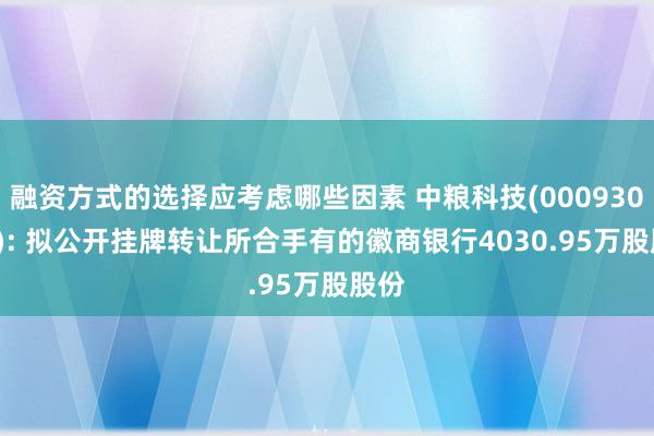 融资方式的选择应考虑哪些因素 中粮科技(000930.SZ): 拟公开挂牌转让所合手有的徽商银行4030.95万股股份