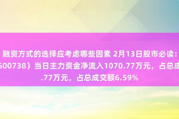 融资方式的选择应考虑哪些因素 2月13日股市必读：丽尚国潮（600738）当日主力资金净流入1070.77万元，占总成交额6.59%